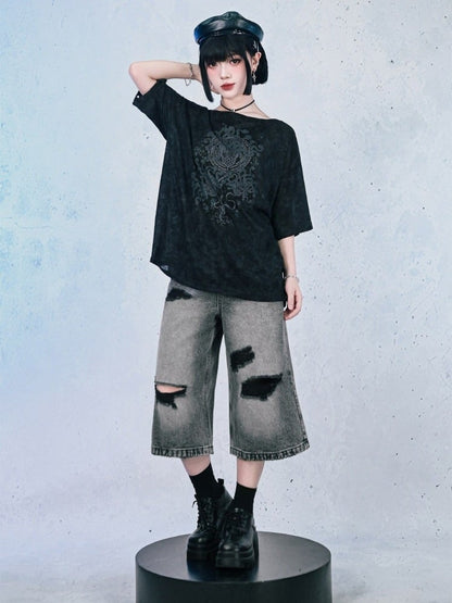 Black Detachable Sleeve UV Tee with Sea Lily Print - Quirky Hut