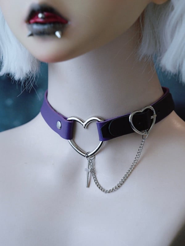 Kette Lila Und Gothic Choker Anhänger Herz Kreuz