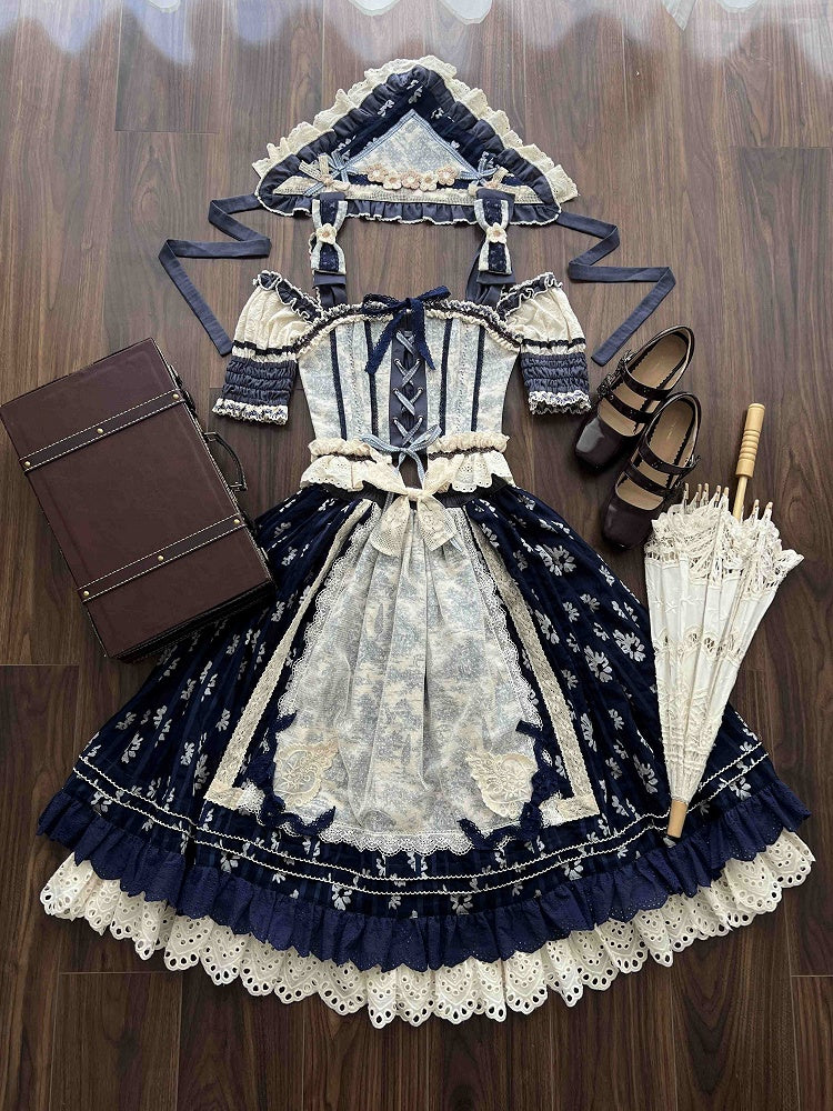 ブルーのオープンショルダーキャビンコルセットトップ + ダークブルーの花柄ロリータスカート