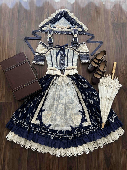 ブルーのオープンショルダーキャビンコルセットトップ + ダークブルーの花柄ロリータスカート