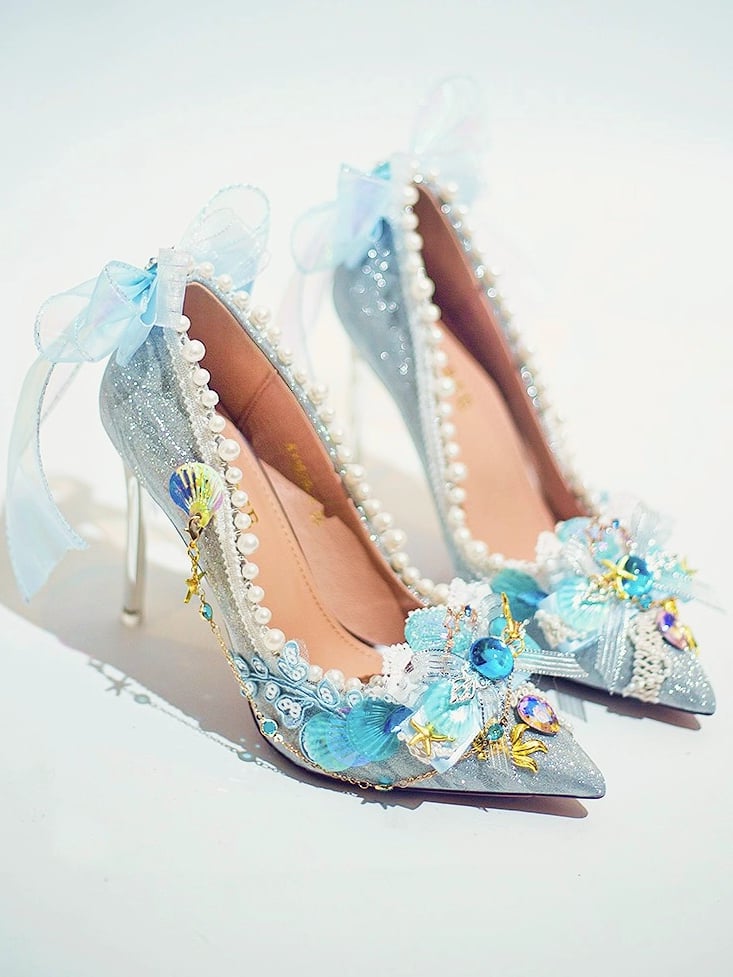 7.5CM/10.5CM Silver Rhinestone Decorated High Beaded And Heels Toe Details Conch Pointed