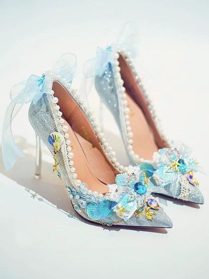 7.5CM/10.5CM Silver Rhinestone Decorated High Beaded And Heels Toe Details Conch Pointed