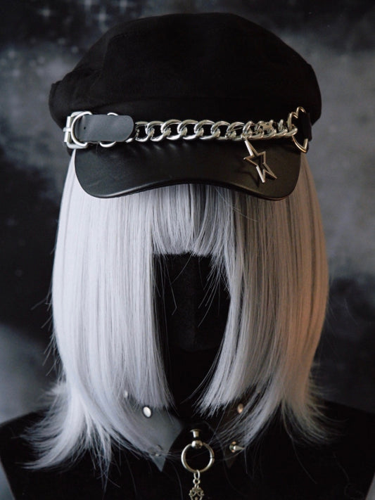 With Heart Design Charm Chain Hat Gothic Black Star Buckle Beret