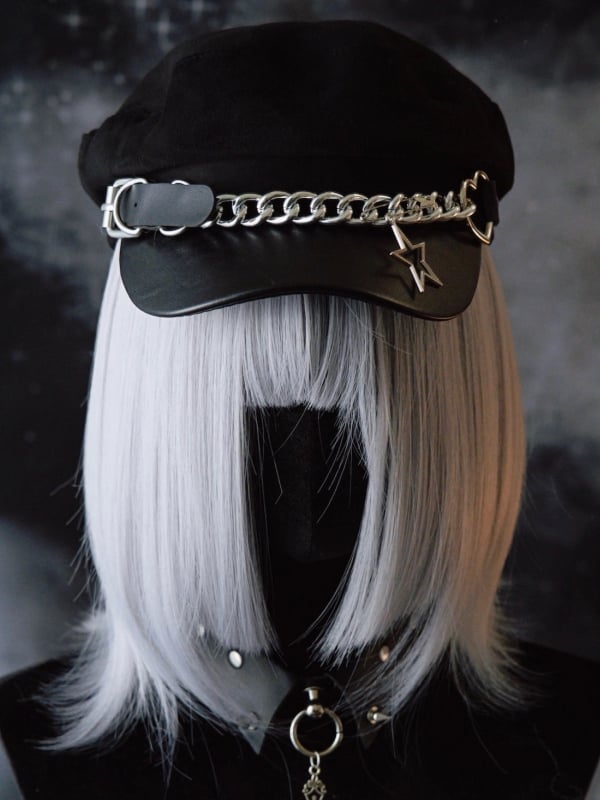 Hat Star Heart Charm With Black Design Buckle Gothic Beret Chain