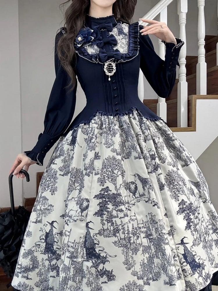 Piece Animals Lolita White Print Long-Sleeve One Dark Elegant Blue Forest