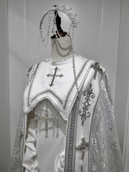 Embroidery Silver Cross Lolita Decorated Details Nun White and Cloak