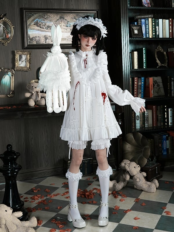 and Version Blood with White Lolita Dress Ruffles Dollcore Shaped Gothic Embroidery Short Cross