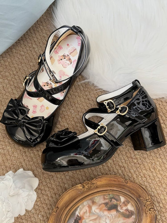 PU Top Black Bow Leather Ballet Lolita with - Sweet Shoes