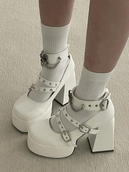 Block Goth White - Studs Style Details PU Leather in High Heels