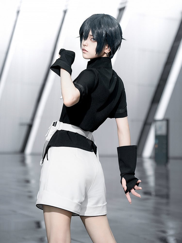 Futuristic Fashion Black High Short Ouji Top Sleeves Techwear Neck