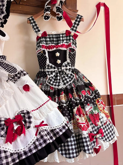Strawberry Lolita Trim JSK Black Dress White Eyelet Print Cake with Scalloped