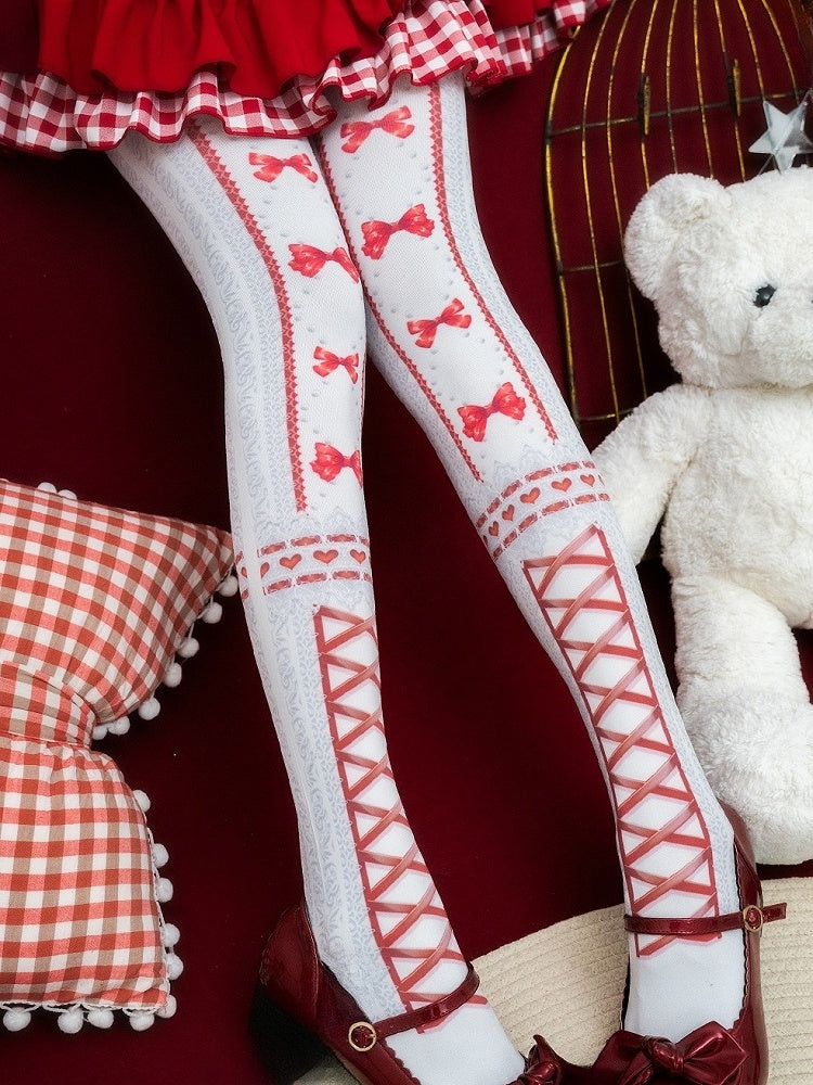 赤/黒のスイートロリータ蝶結びハートプリントタイツ