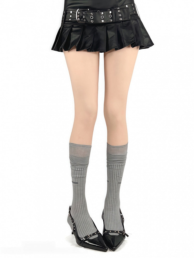 Pattern Black/White/Gray Socks Calf Vertical Letter Striped Printed