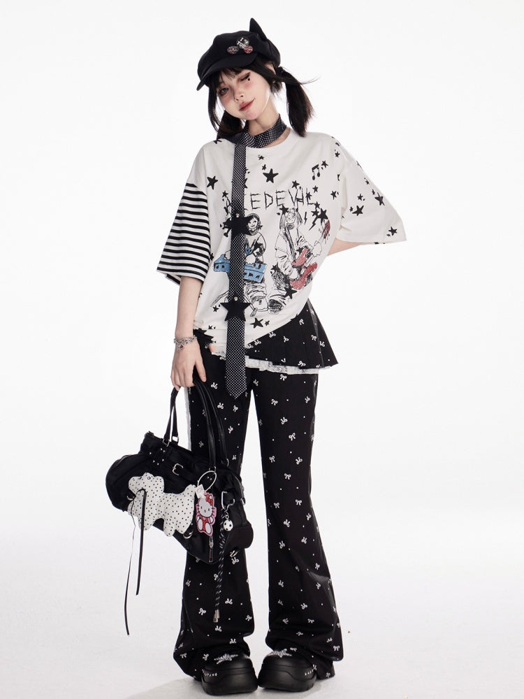 リボンプリントフレアパンツ ブラック ゴムウエスト オールオーバー