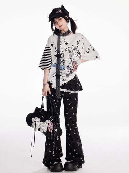 リボンプリントフレアパンツ ブラック ゴムウエスト オールオーバー