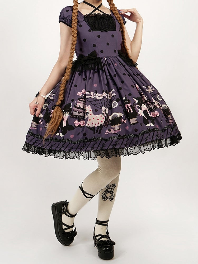 Black Purple Sweet with Print Polka Bow Lolita Cat Accents Dot Dress