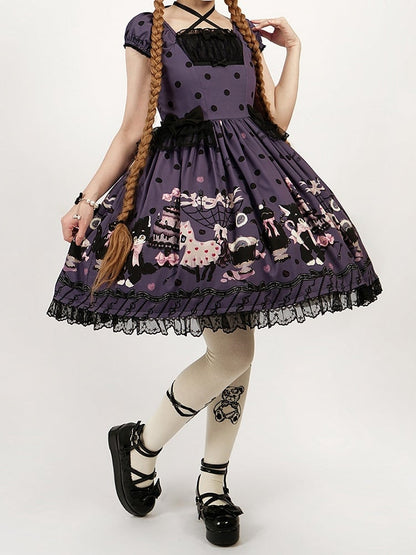 Black Purple Sweet with Print Polka Bow Lolita Cat Accents Dot Dress