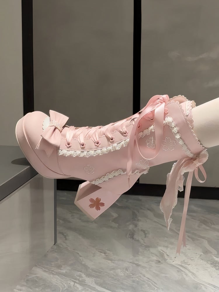 High-heel Embroidery with Lolita Boots Sweet Closure Pink Sakura Dual