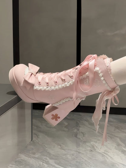 High-heel Embroidery with Lolita Boots Sweet Closure Pink Sakura Dual
