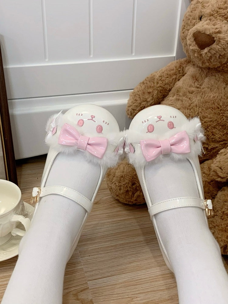 Bowknot Lolita Toe Strap With Ear Sweet Plush Round Bunny Shoes WhitePink Buckle Details