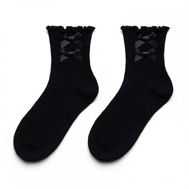 Bow Decorated Trim Ruffled Socks White/Black
