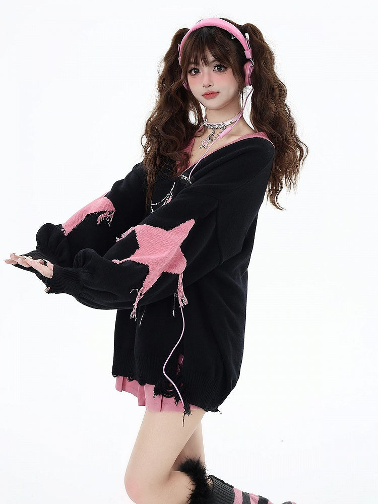 Muster Mit Spinne, Distressed Web Saum, Schwarzer Pullover Mit Löchern