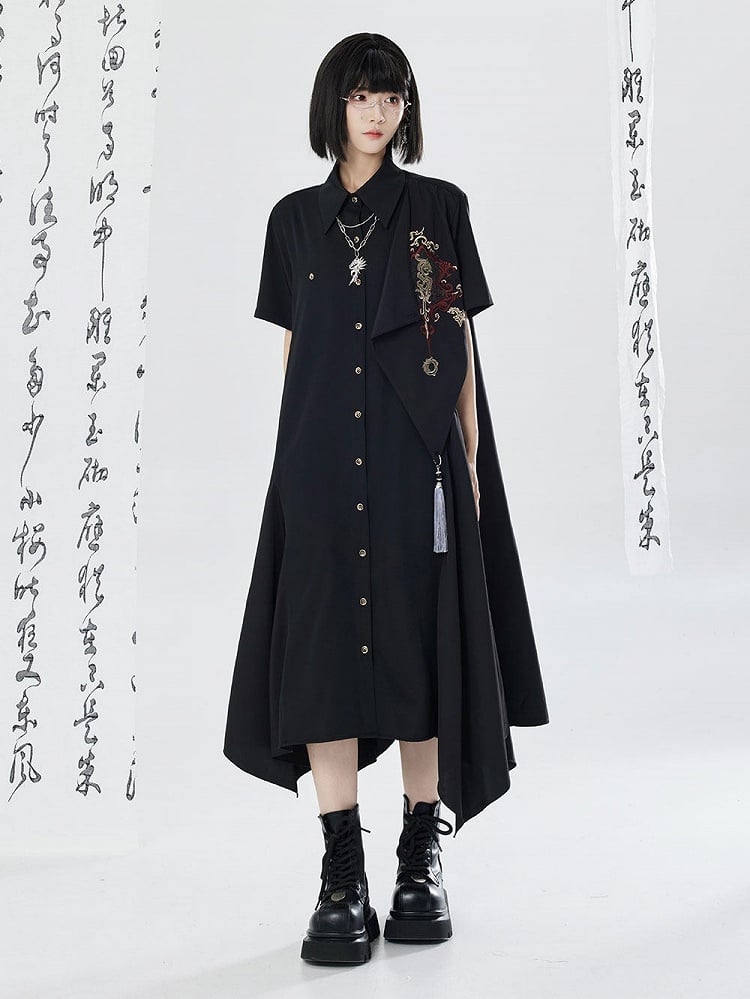 Asymmetrical Dragon Embroidery Long Dress - Qing Tang Original