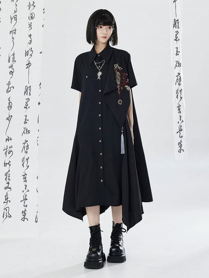 Asymmetrical Dragon Embroidery Long Dress - Qing Tang Original