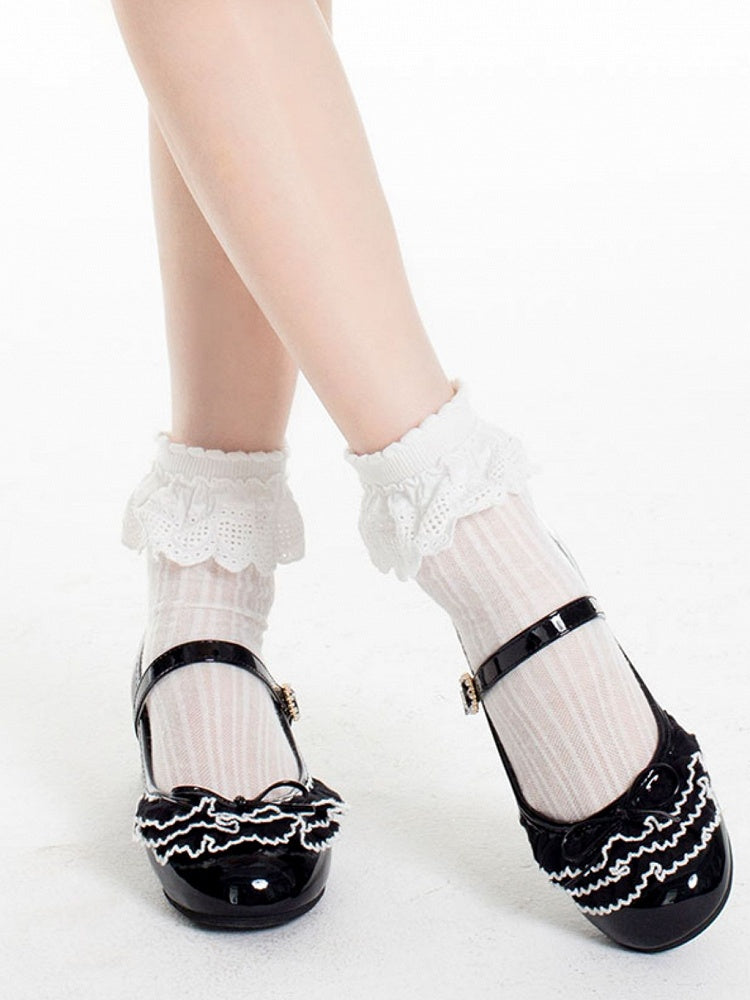 Schnalle Schwarze Spitze Schichten Mary Bowknot Mehrere Verzierte Runde Perlen Janes