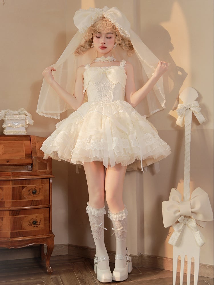 Kleid Prinzessin Lolita Weiß Taille auf und Band Schleifen Perlen Baskenrock Creme