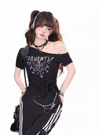 Black Asymmetrical Neckline and Hem Big Bow Detail Glamorous Graphic T-Shirt