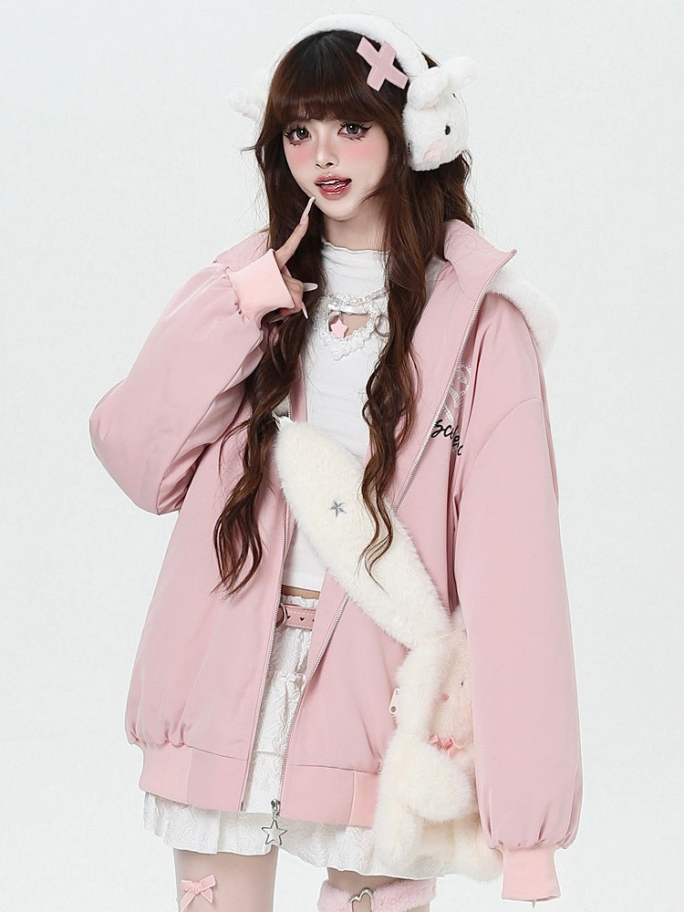 Print Ear Jacket with Hood Detachable Graffiti Thick Bunny Pink