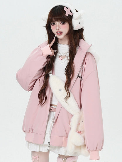 Print Ear Jacket with Hood Detachable Graffiti Thick Bunny Pink