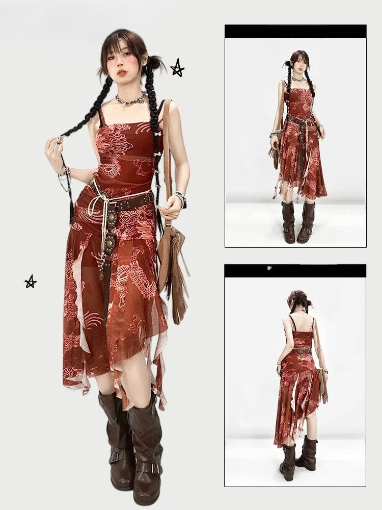 Wine Red Asymmetrical Hem Dragon Print Glamorous Spaghetti Strap Dress
