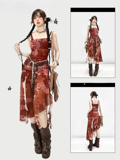 Wine Red Asymmetrical Hem Dragon Print Glamorous Spaghetti Strap Dress