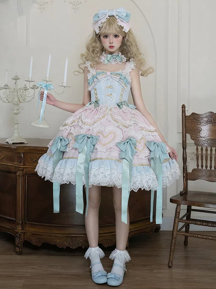 Mintgrünes Schleifen-Rosa und Blaues süßes Lolita-Korsettkleid mit Choker