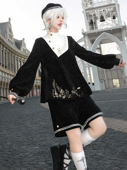 Set-Schwarz Schwarz Glitzernden Stil Ouji Waffel Preppy Mode Volle