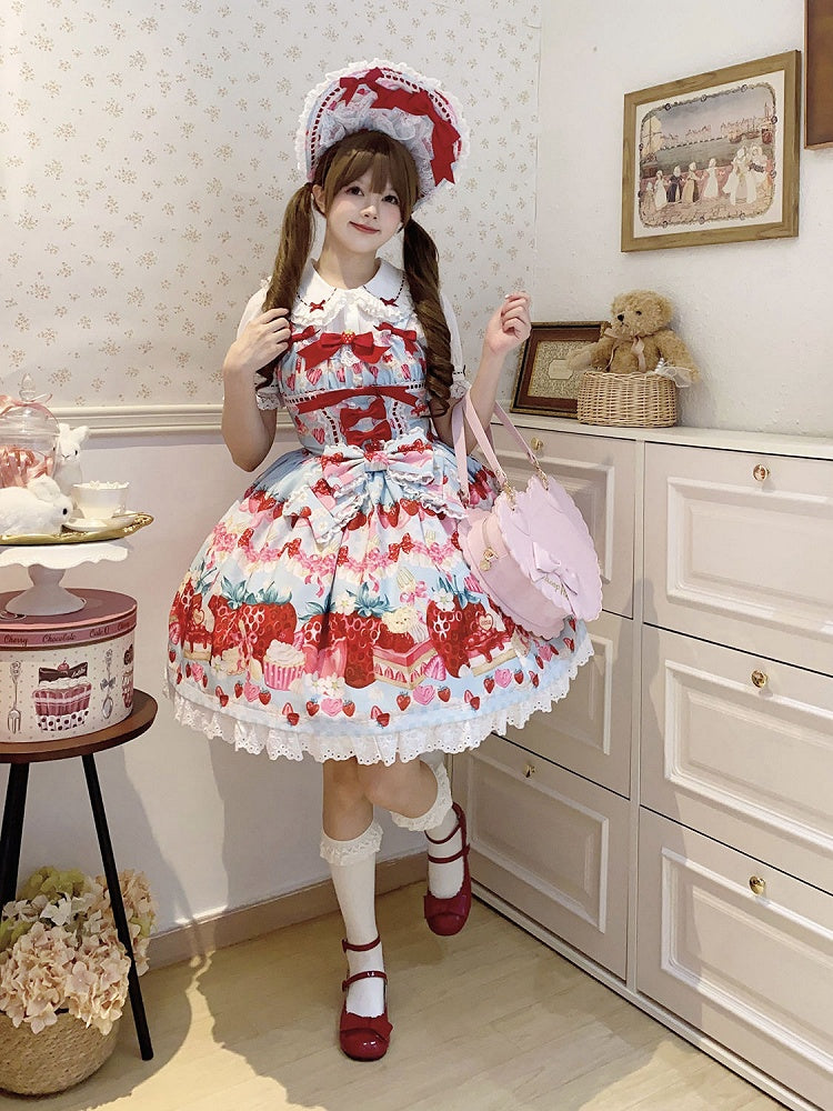 Lolita Blue Strawberry Sweet Dessert and Print Dress