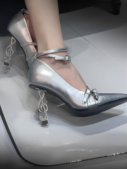 Gothic Toe - Note shaped Shoes Music Fashion Silver Matte Heel in with Pointed High-heel