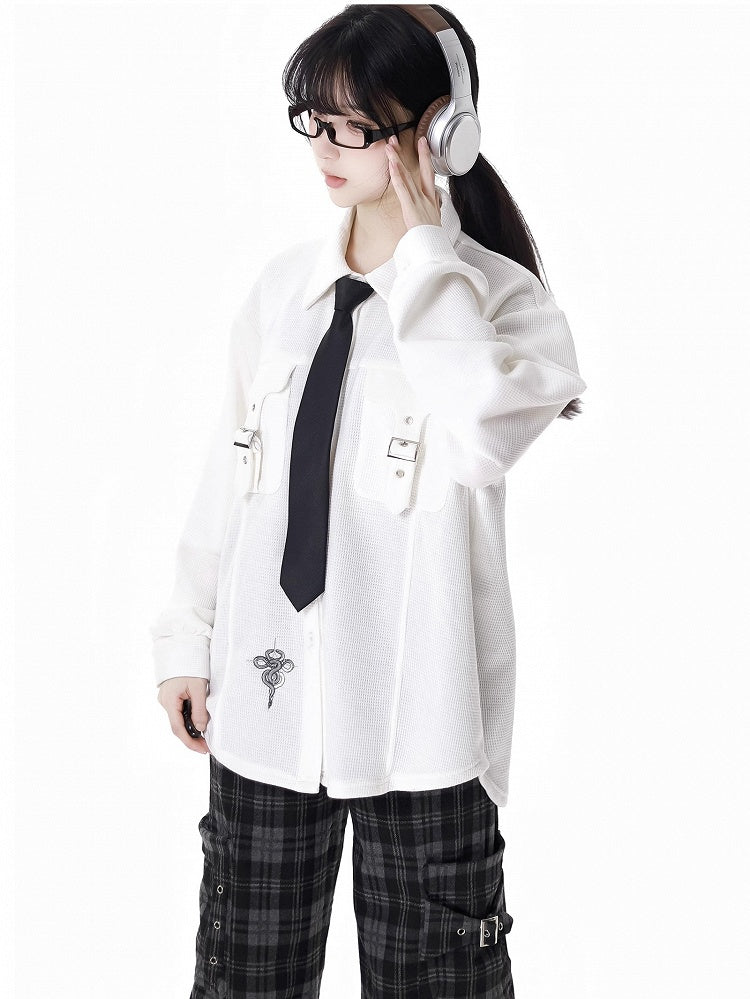 ホワイトスネークバックルストラップポケットシャツ（無料ネクタイ付き）