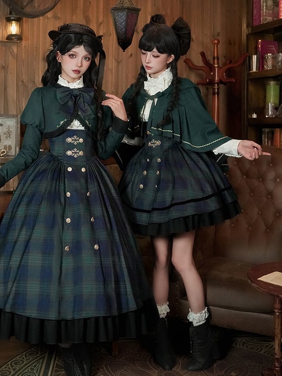 Lolita Green Set Pattern Style Preppy + JSK - Short Plaid Version