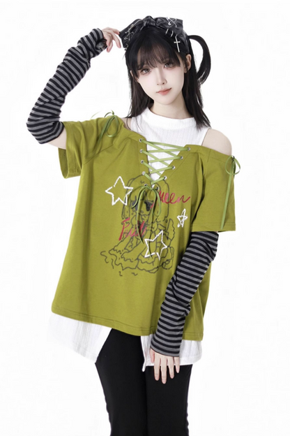 トップパンツイラスト + ガールサブカルチャーレースアップフレア