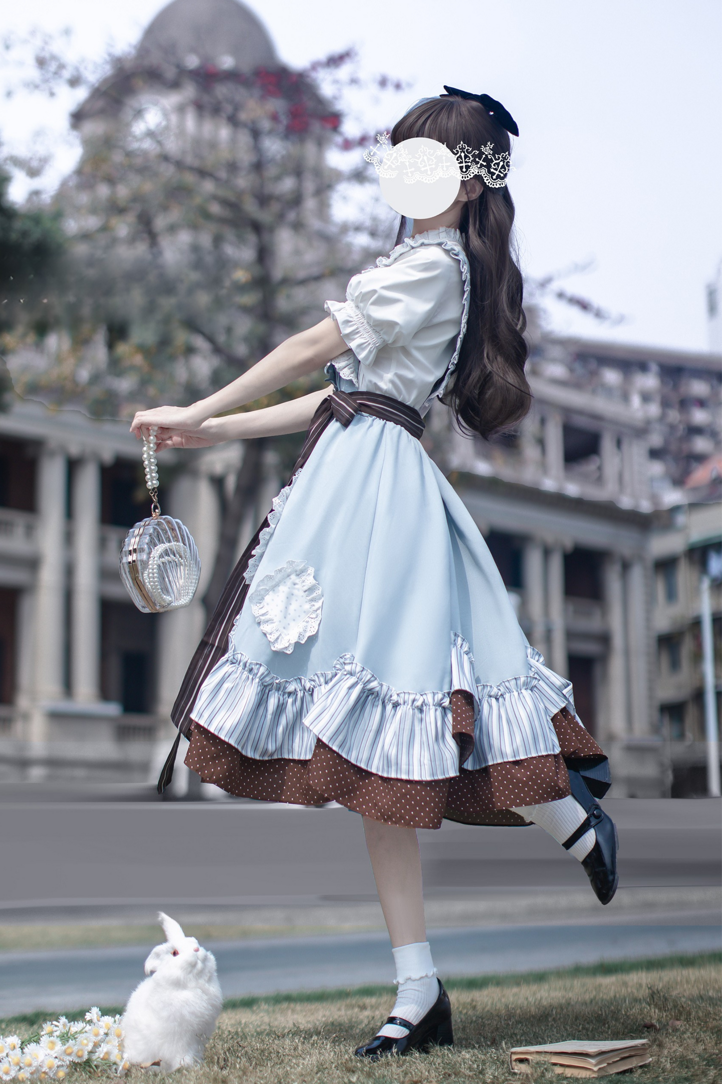 リボンシャツ レトロなヘアゴム ご予約＋ブローチ アリス風クリップスカート サスペンダー