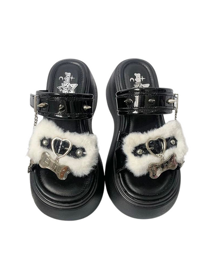 Rivet Sandal Chain Flat Platform Punk Fur