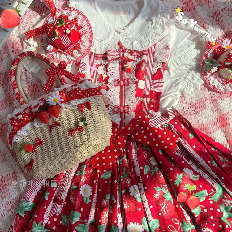 かぎ針編みバッグ 赤いイチゴと蝶結びの装飾トートバッグ