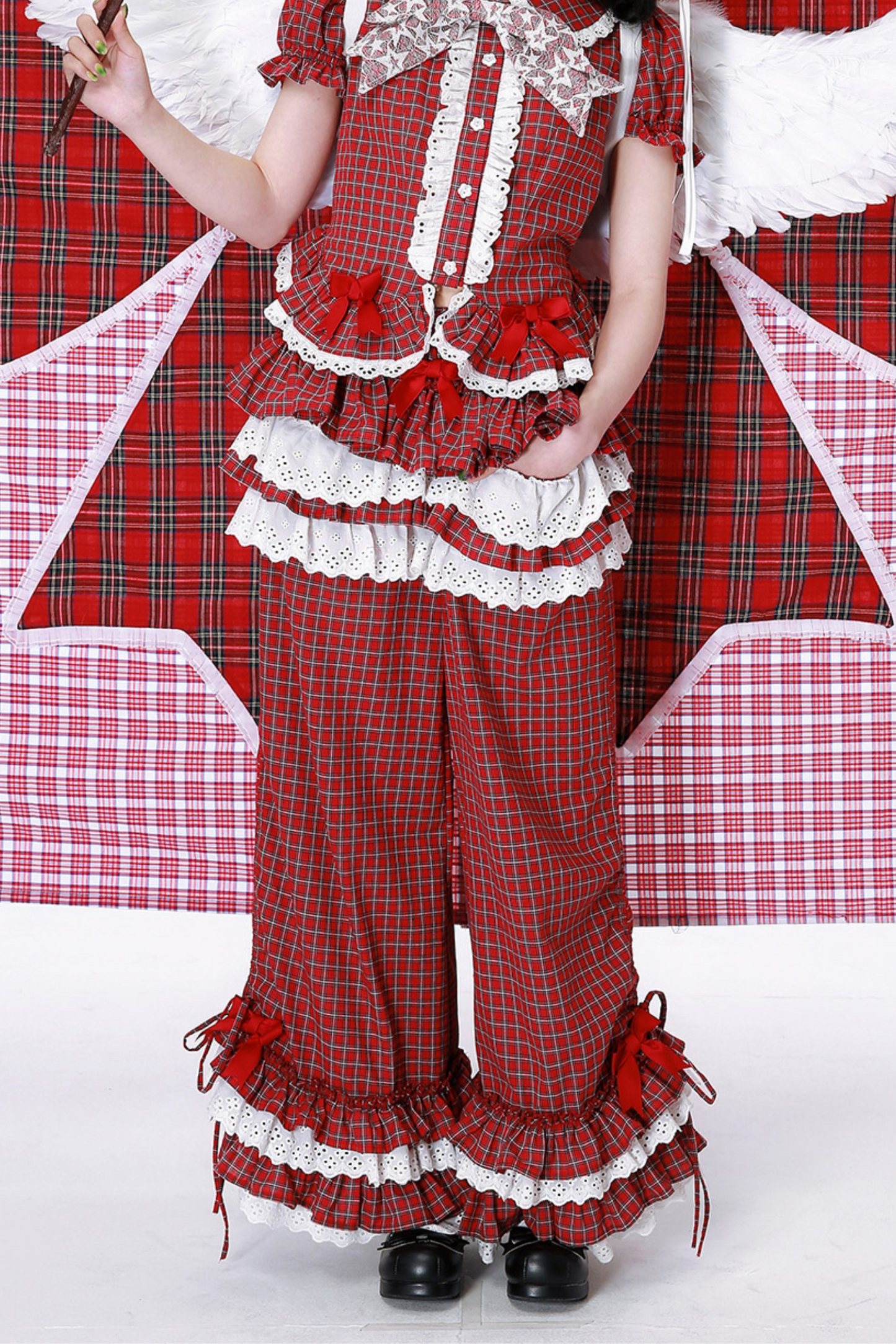 Karierte Retro-Lange Hose mit Spitzenrüschen