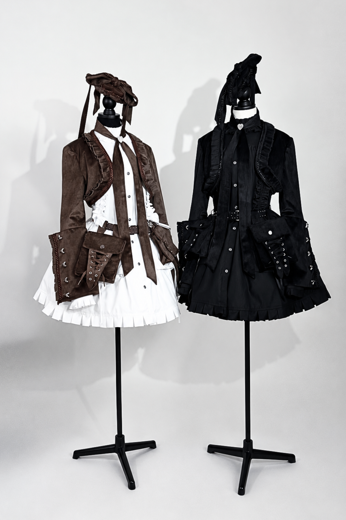 Steampunk Brown x Gothic Black Velvet Ruffle Heart Motif Cuff Cropped Jacket