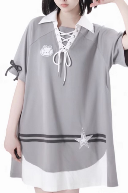 フード付きスカート レースアップトップス + ゆったりTシャツバルーン