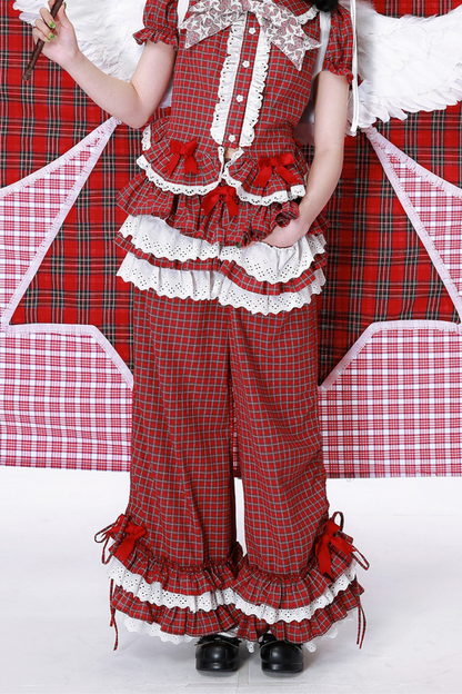 Lange Spitzenhose Retro Rüschen Karo
