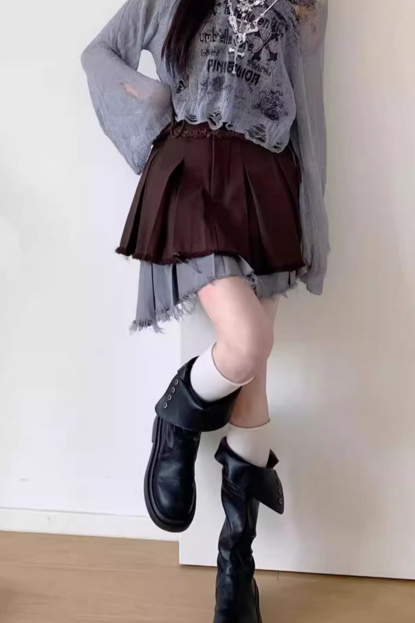 スカート + ブルーのビスチェトップ、ダークチェック、Y2K、アシンメトリー